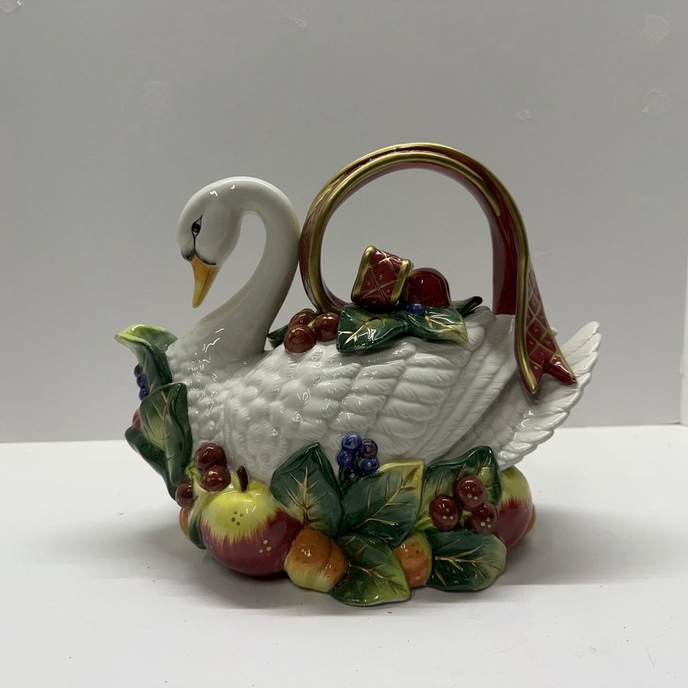 Fitz and Floyd Vintage Ceramic Swan Teapot Gloria Jean's Hand Painted 1995